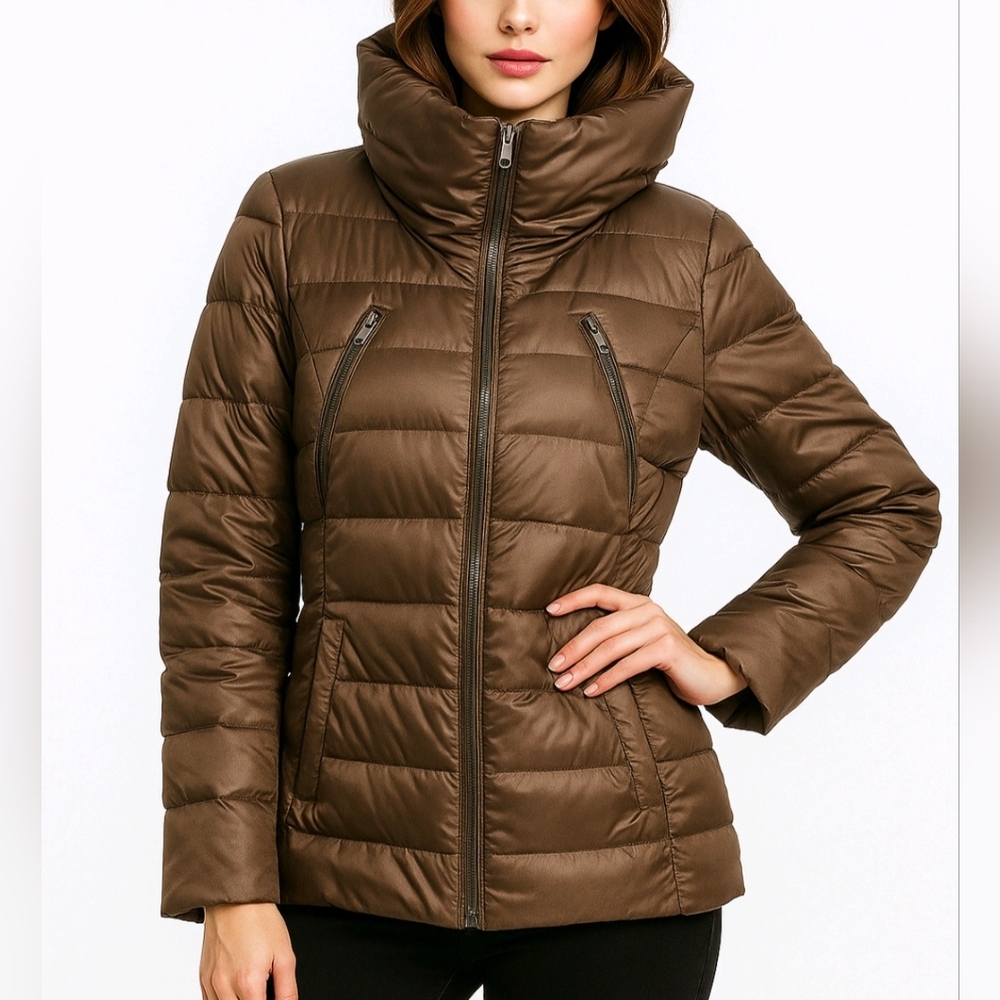 Eileen Fisher Down Puffer Jacket Brown Satin Shine Funnel Neck Pockets S…